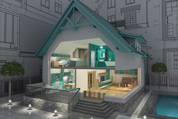 The project of residential house. 3D image.